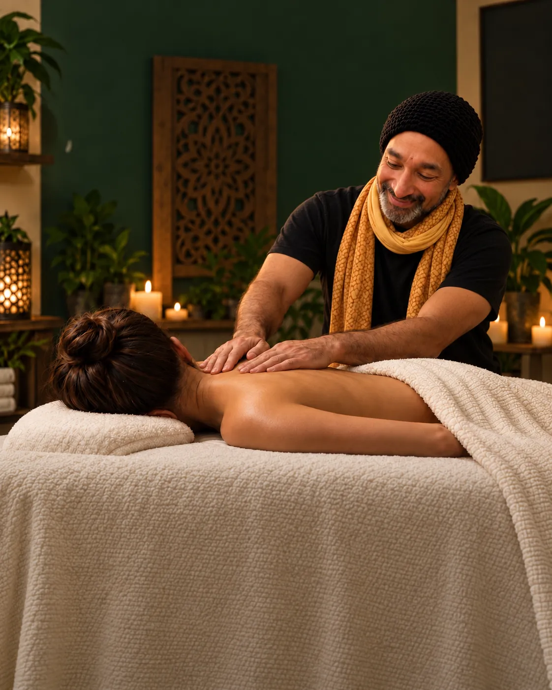Illustrative AI-assisted image of a massage therapist working with a client lying on a massage table